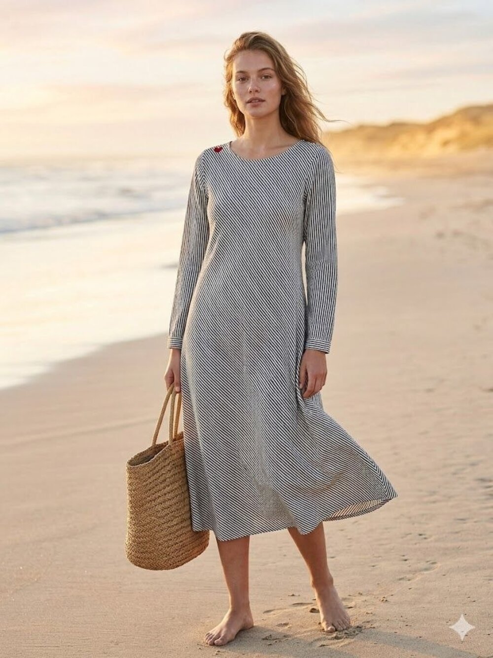 Nicobar Gray Striped Cotton Dress Heart Embroidery Boho Coastal Minimalist Mid M